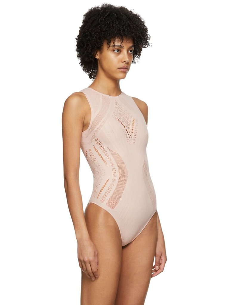 Wolford X Alberta Ferretti Edition Nylon Ajour Net Bodysuit Pink Large Nwt